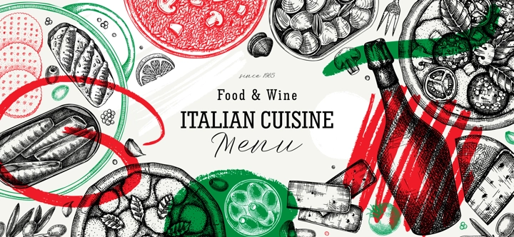 Italian food and drinks vector background. Hand drawn pizza, pasta, prosecco, risotto frame in collage style. Mediterranean cuisine ingredients illustrations. Modern restaurant menu design template. 